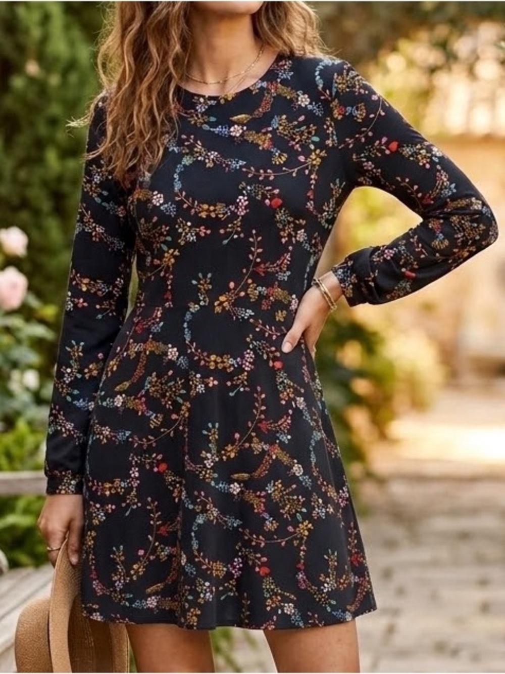 LOFT Black Multicolor Floral A-Line Long Sleeve Dress